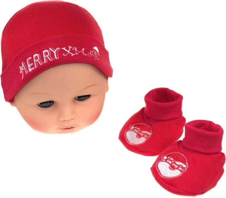 Picture of HB410-X- HAT AND BOOTEE SET 100% COTTON MERRY CHRISTMAS